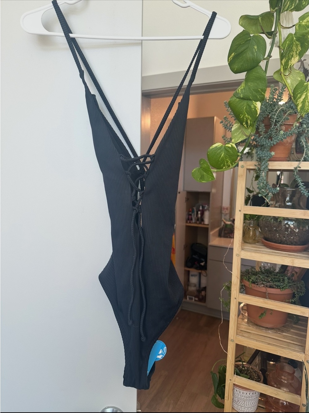 New with Tags - Black Ribbed Lace-Up One-Piece Swimsuit